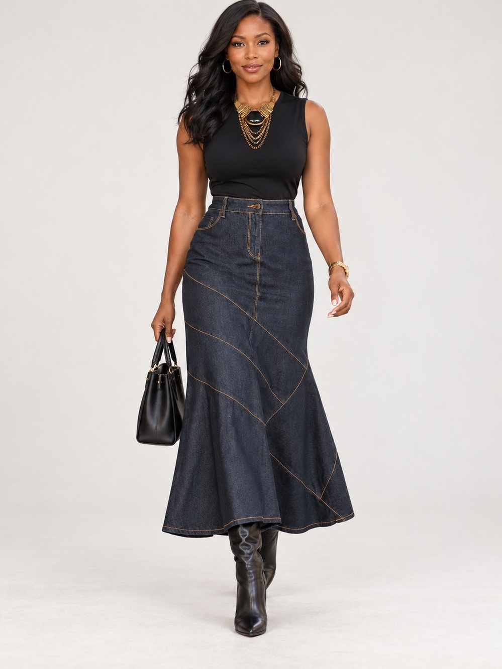 Vintage Bisou Bisou Y2K Dark Blue Denim Jeans Mermaid Trumpet Maxi Skirt Size 14